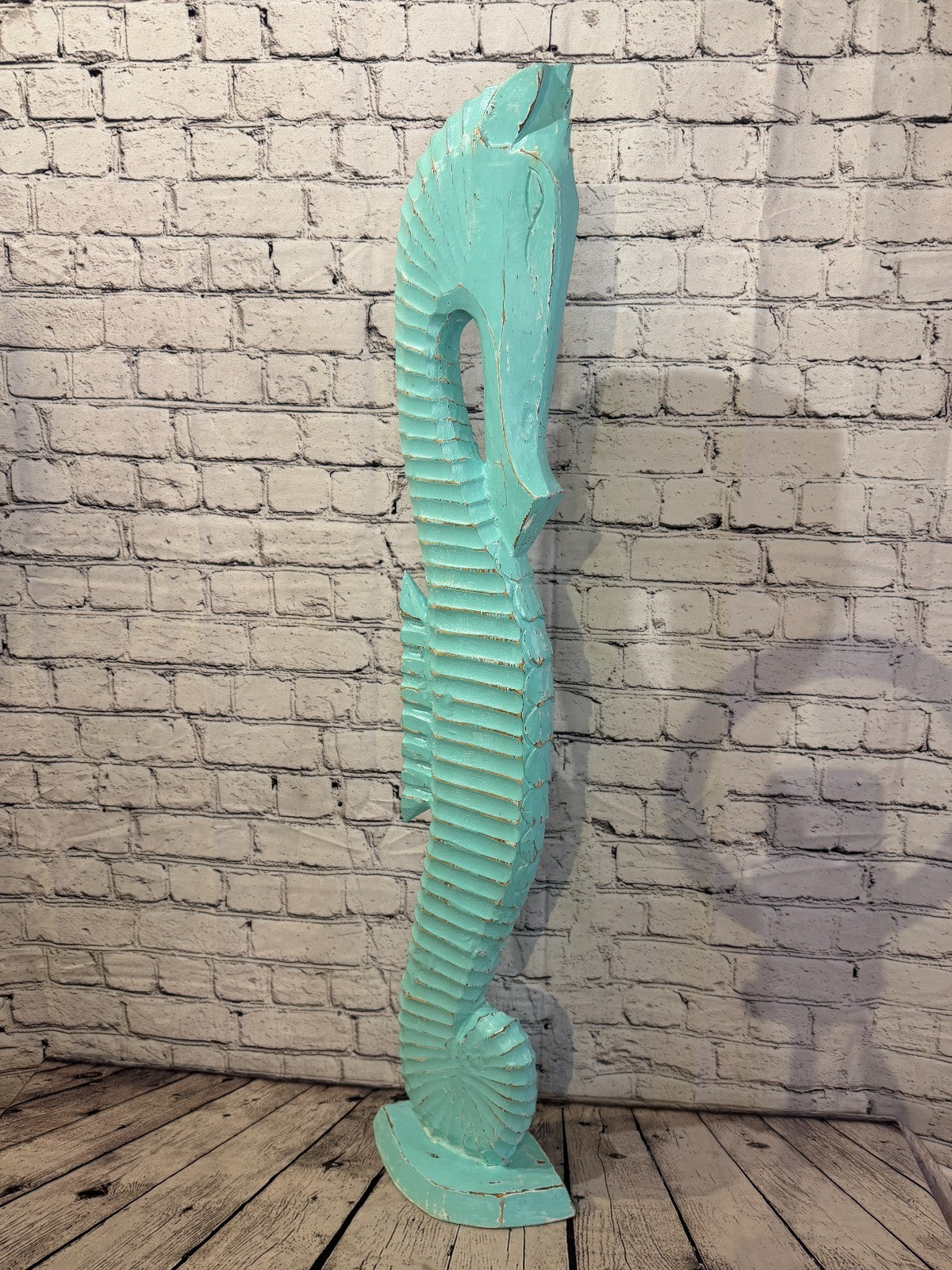 100cm Green Teal Wooden Shabby Seahorse Statue Ornament Fair Trade Handcarved2