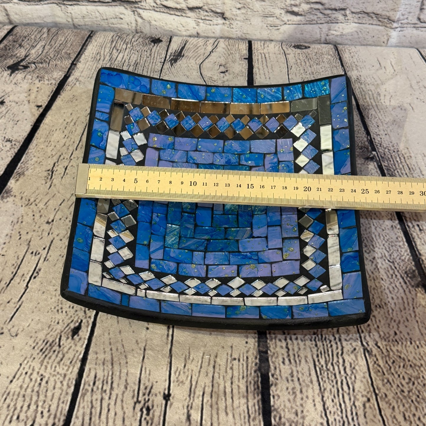 25cm Light Blue Square Mirror Mosaic Handmade Ceramic Glass Tile Bowl Fruit1