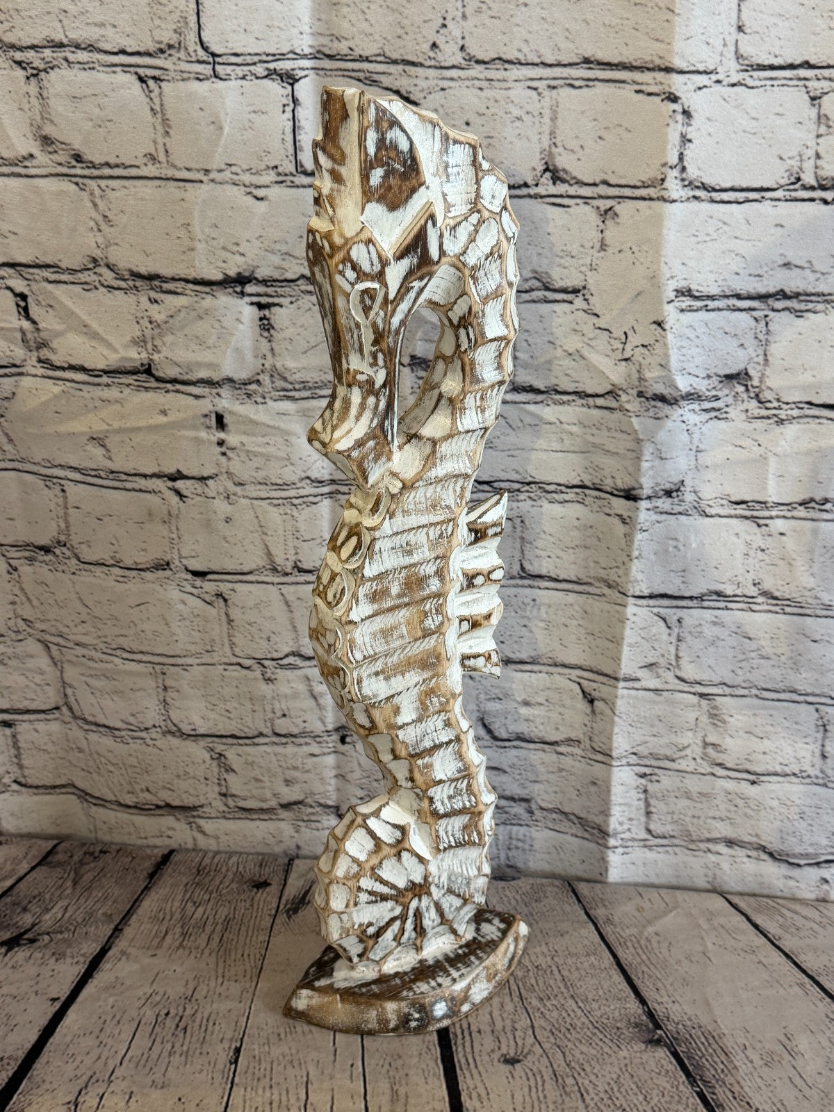 50cm Brown Wooden Shabby Seahorse Statue Ornament Fair Trade Handcarved0