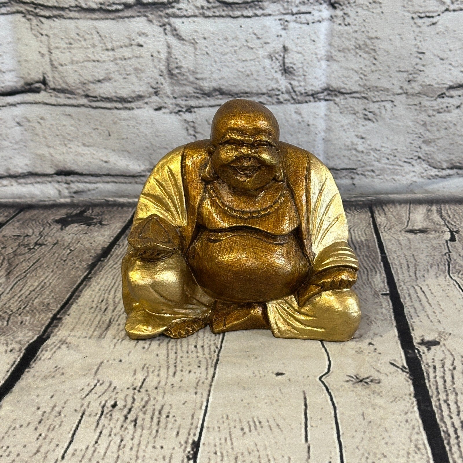 Gold & Bronze 12cm x 12cm Large Chinese Buddha Sitting On Lotus Statue Resin0