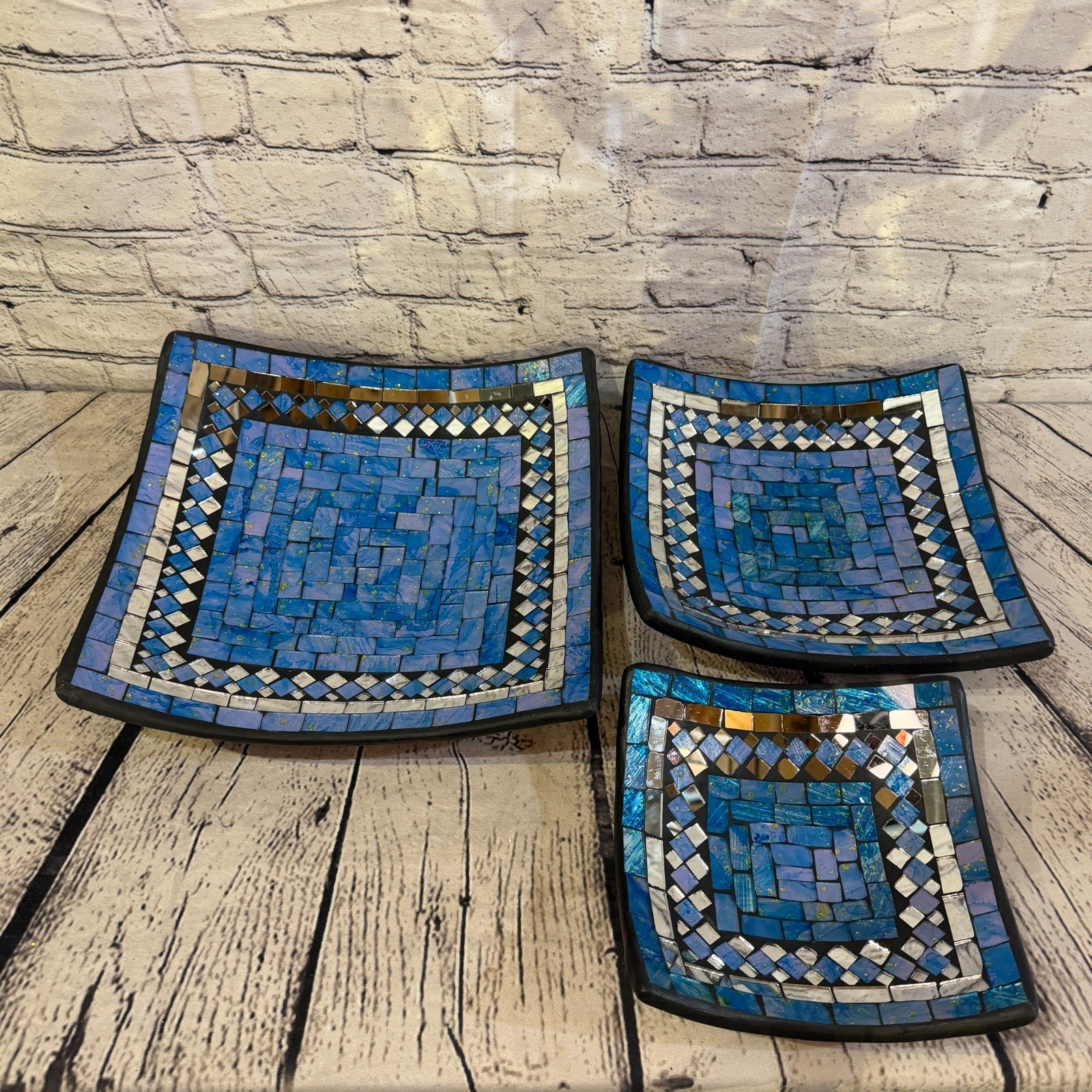 30cm Light Blue Square Mirror Mosaic Handmade Ceramic Glass Tile Bowl Fruit4