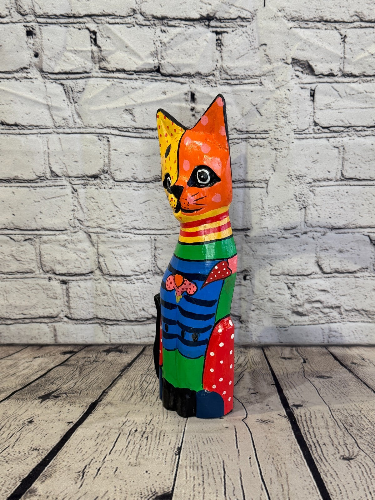 30cm Bright Mix Flower Wooden Shabby Cat Statue Ornament Fair Trade Handcarved1