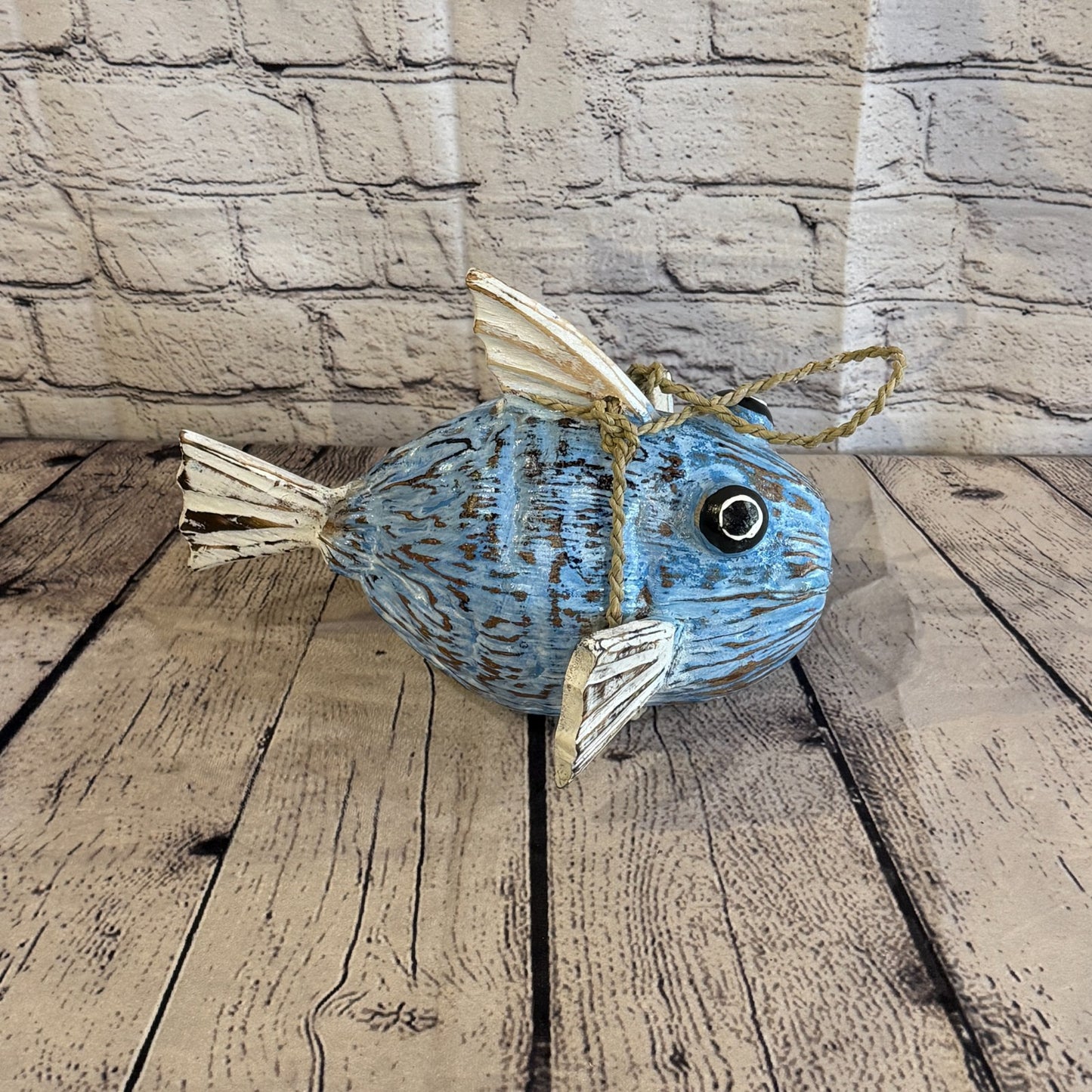 Blue White Fins Folk Art Painted Puffer Fish Coconut Shell Ornaments Hanging3