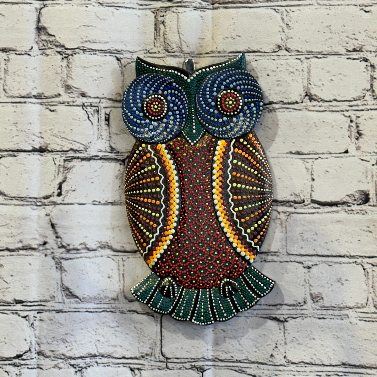 30cm Owl Carved Wooden Dot Painted Ethnic Tribal Tiki Wall Art Handmade No 12