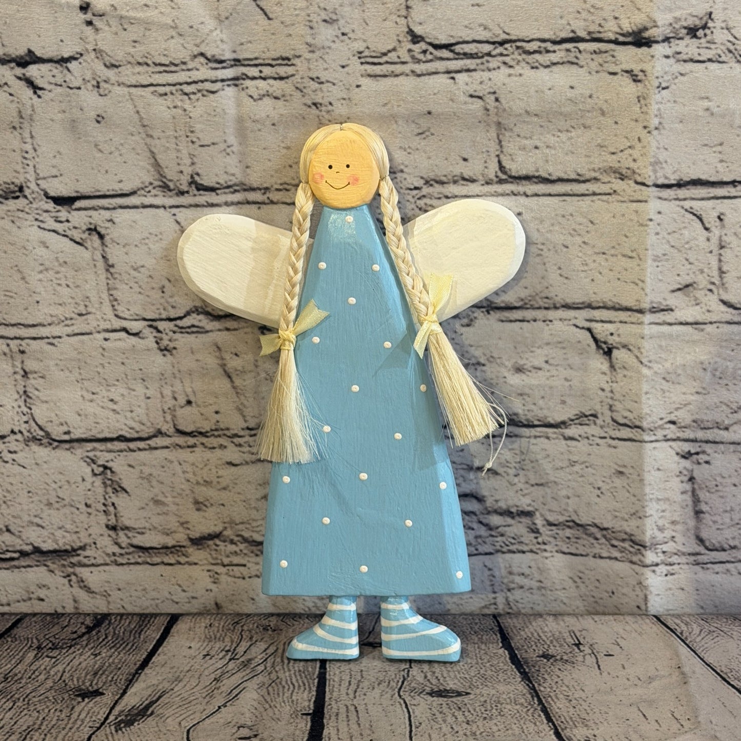 25cm Blue Wall Hanging Angel Figurine Folk Art Wood Fabric Baltic Handmade0