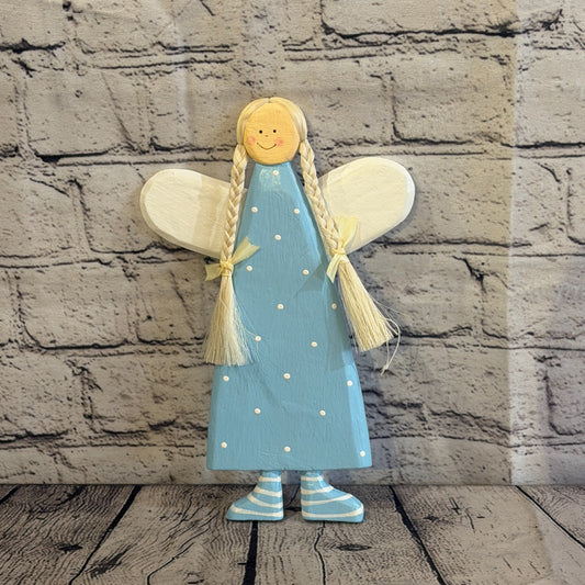 25cm Blue Wall Hanging Angel Figurine Folk Art Wood Fabric Baltic Handmade0