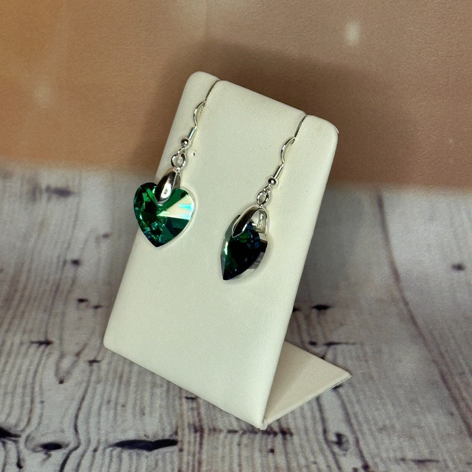 Green Crystal Heart Shaped Dangle Drop Earrings Handmade UK Jewellery1
