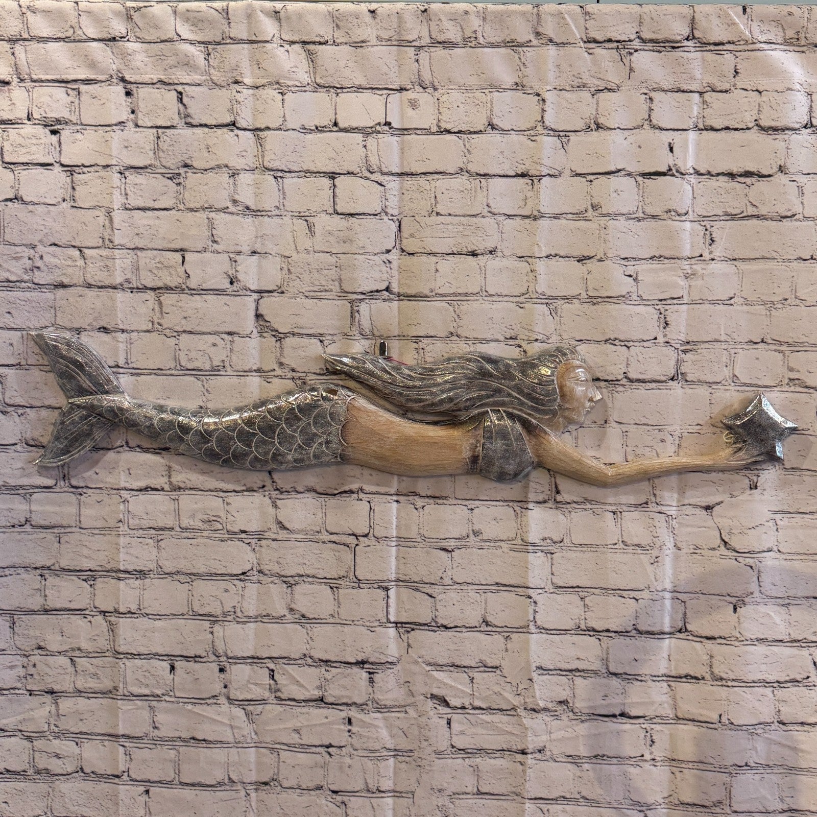 100cm Brown Wooden Mermaid Wall Decor Beach Art Hanging Mermaid Plaque Nautical0