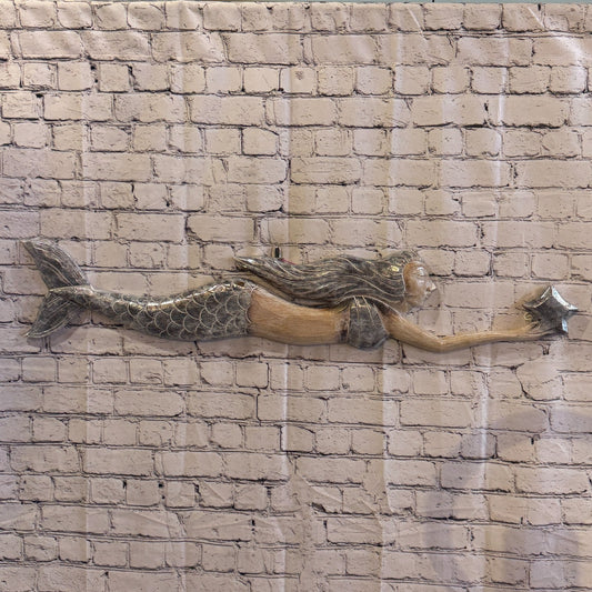 100cm Brown Wooden Mermaid Wall Decor Beach Art Hanging Mermaid Plaque Nautical0