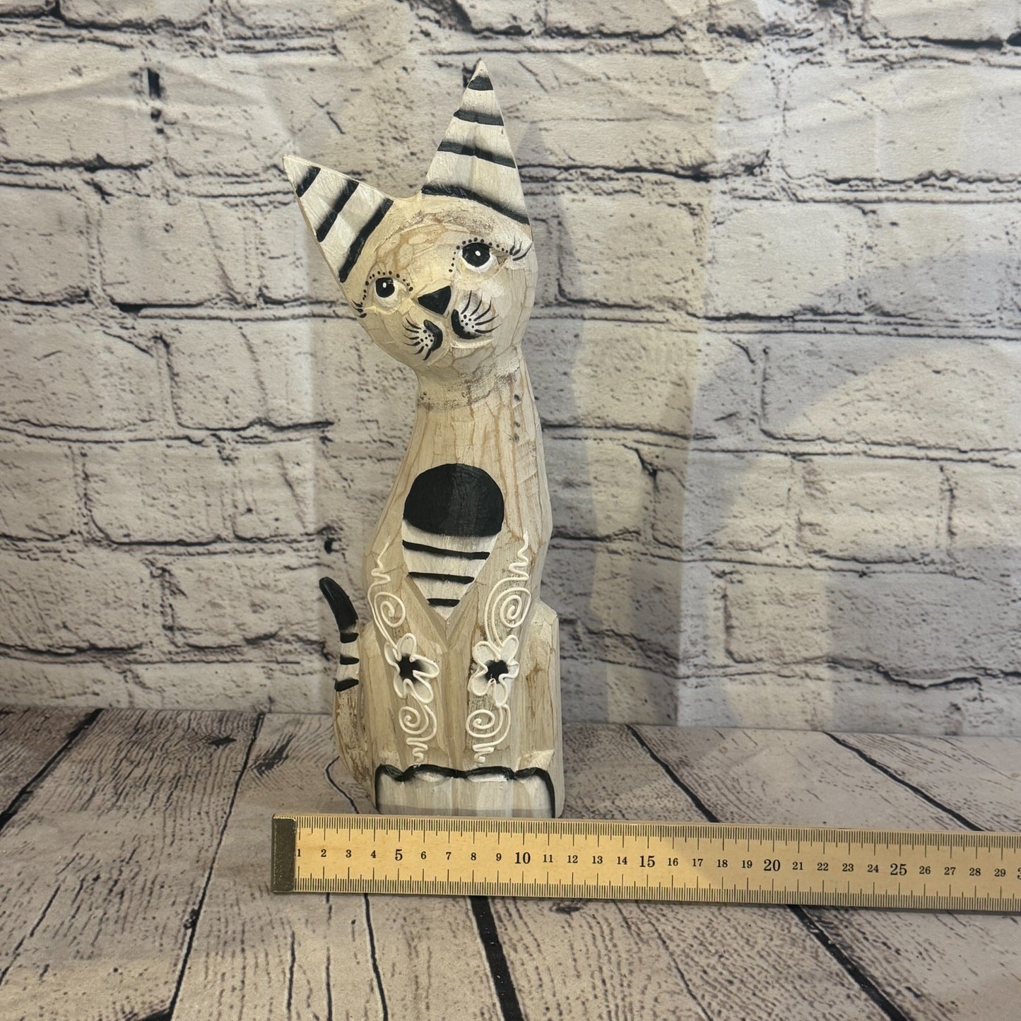 30cm White Flower Wooden Shabby Cat Statue Ornament Fair Trade Handcarved6