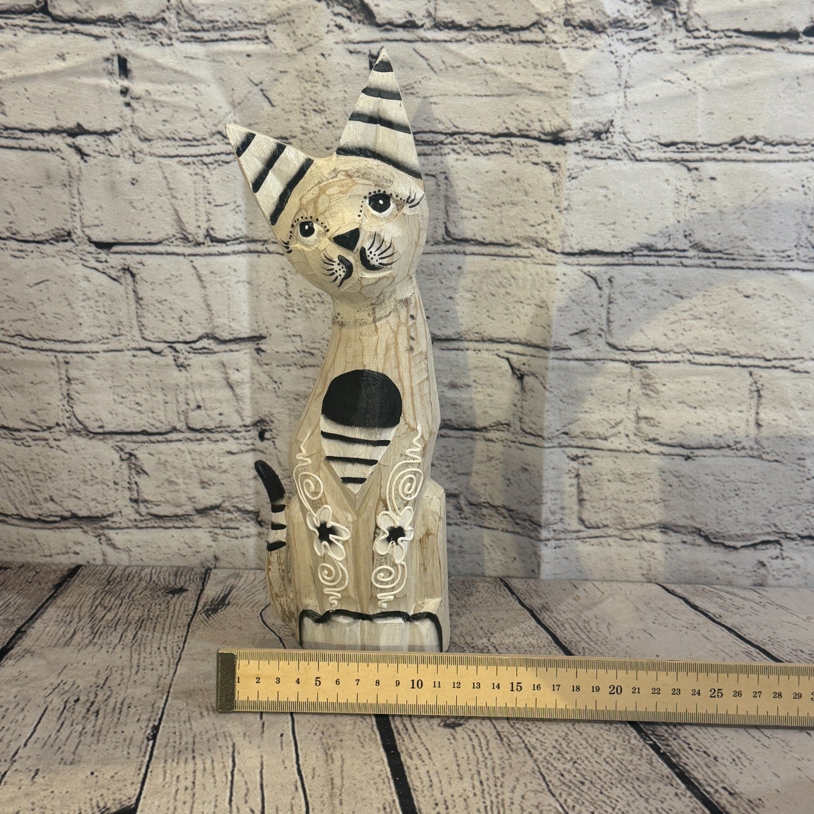 30cm White Flower Wooden Shabby Cat Statue Ornament Fair Trade Handcarved6