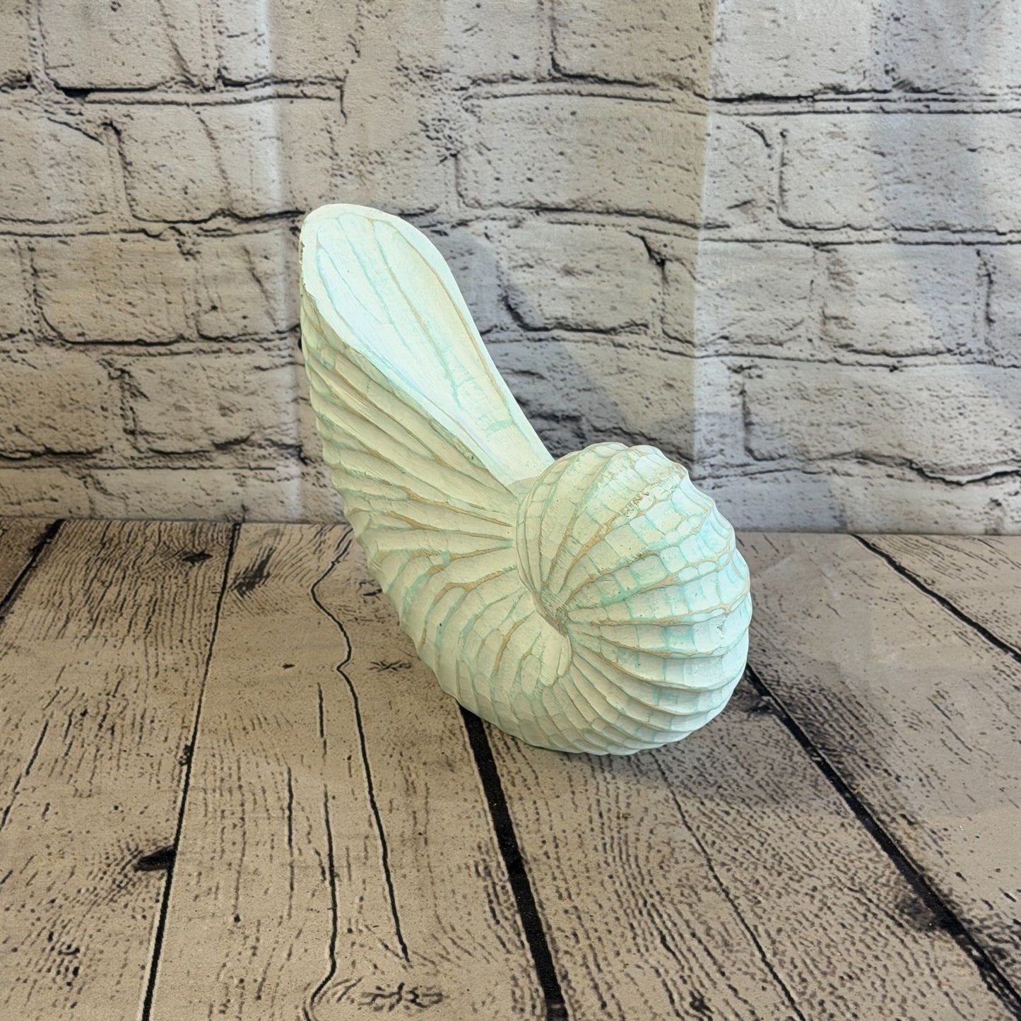 25cm Green Shabby Pastel Nautilus Shell Ornament Decor Carved Light Wood Figure2