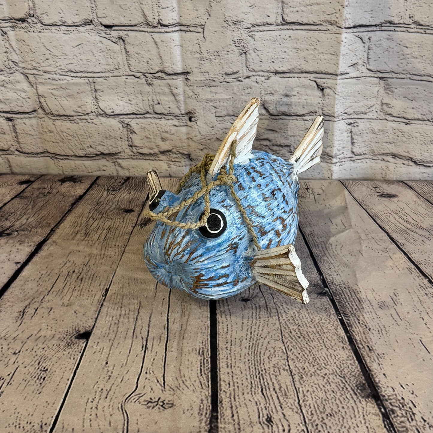 Blue White Fins Folk Art Painted Puffer Fish Coconut Shell Ornaments Hanging0