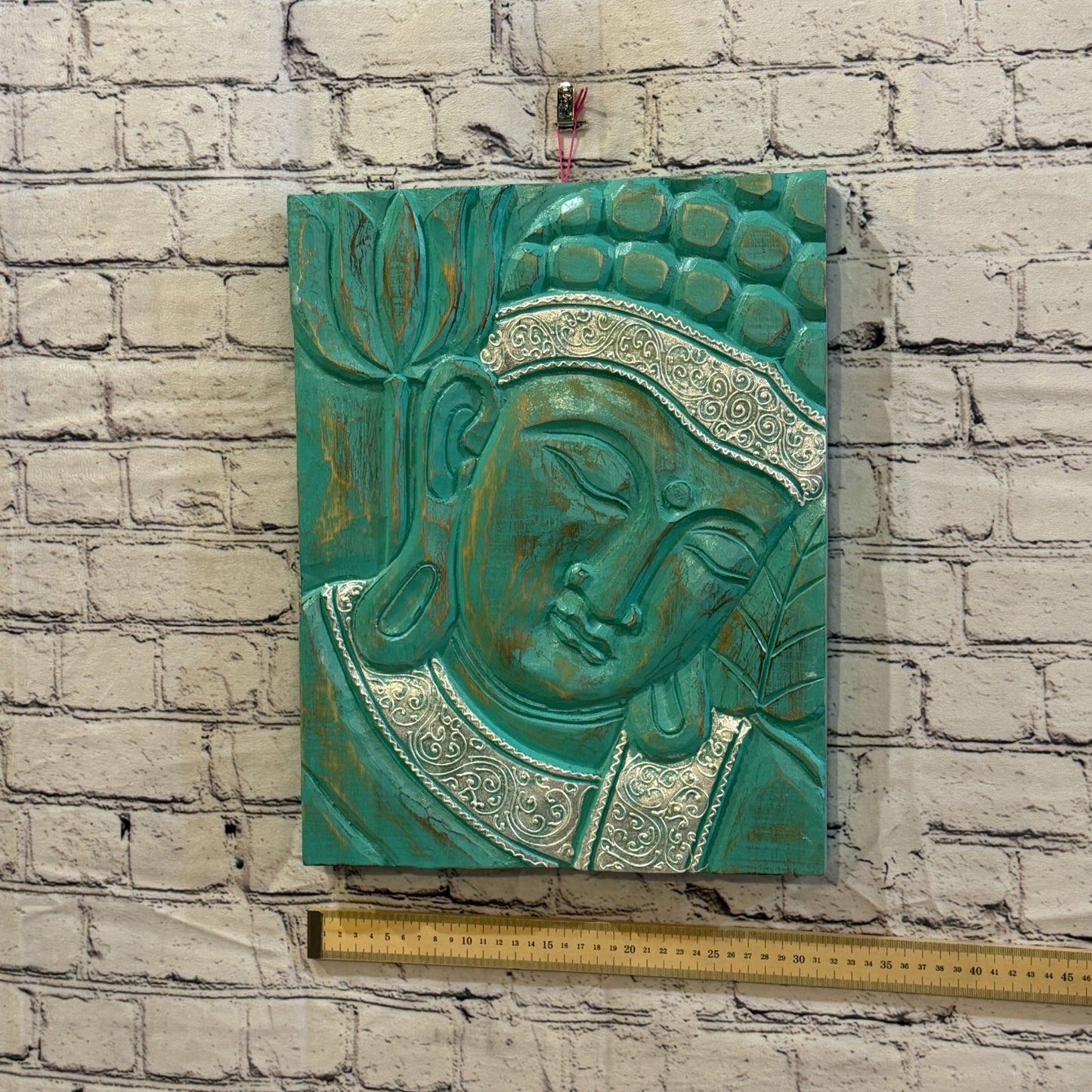 Wooden Wood Panel 40cm Silver Teal Buddha Lotus Wall Art Plaque Handcarved3