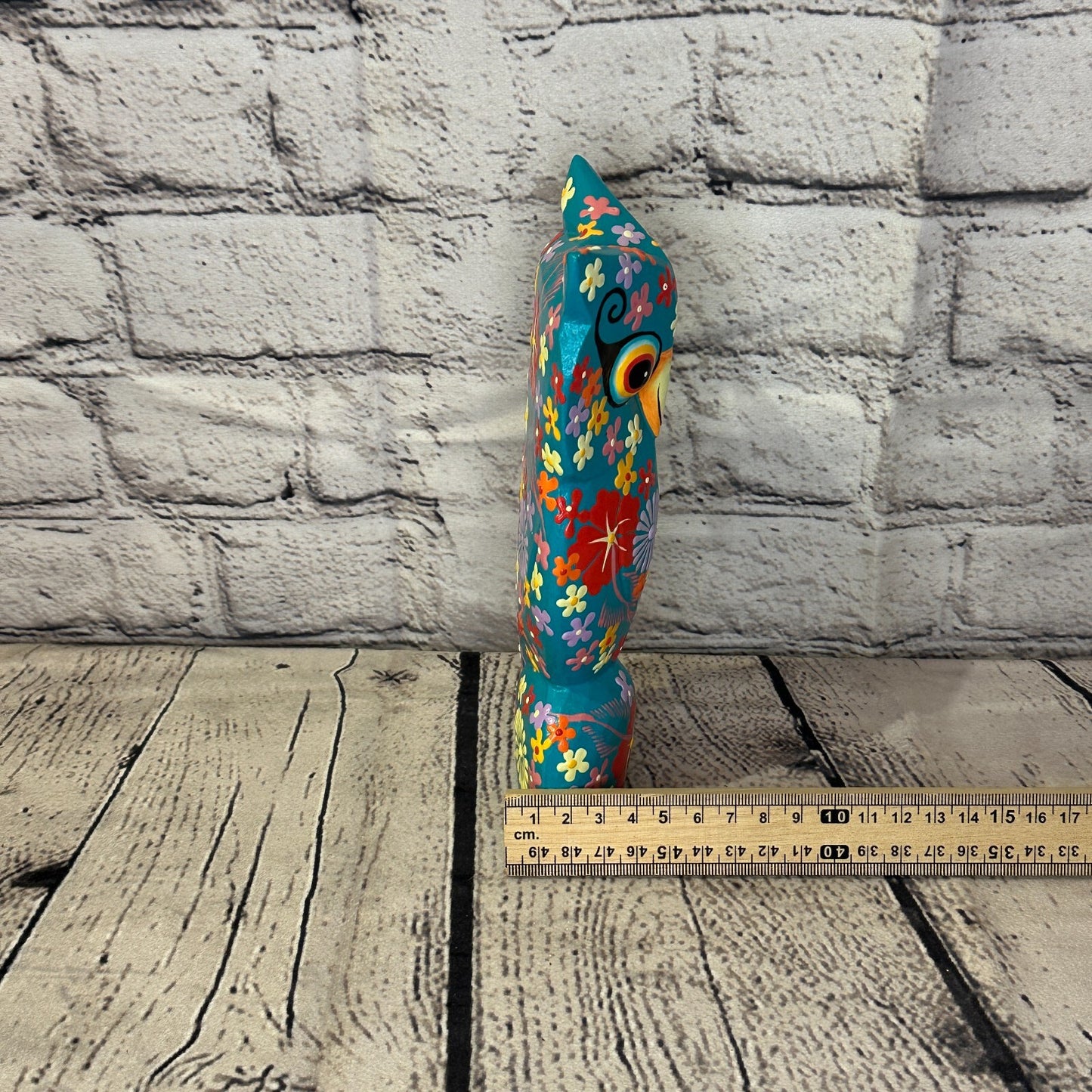 Blue Large Wooden Owl With Flower Pattern 20cm x 8cm Handmade and Fairtrade7