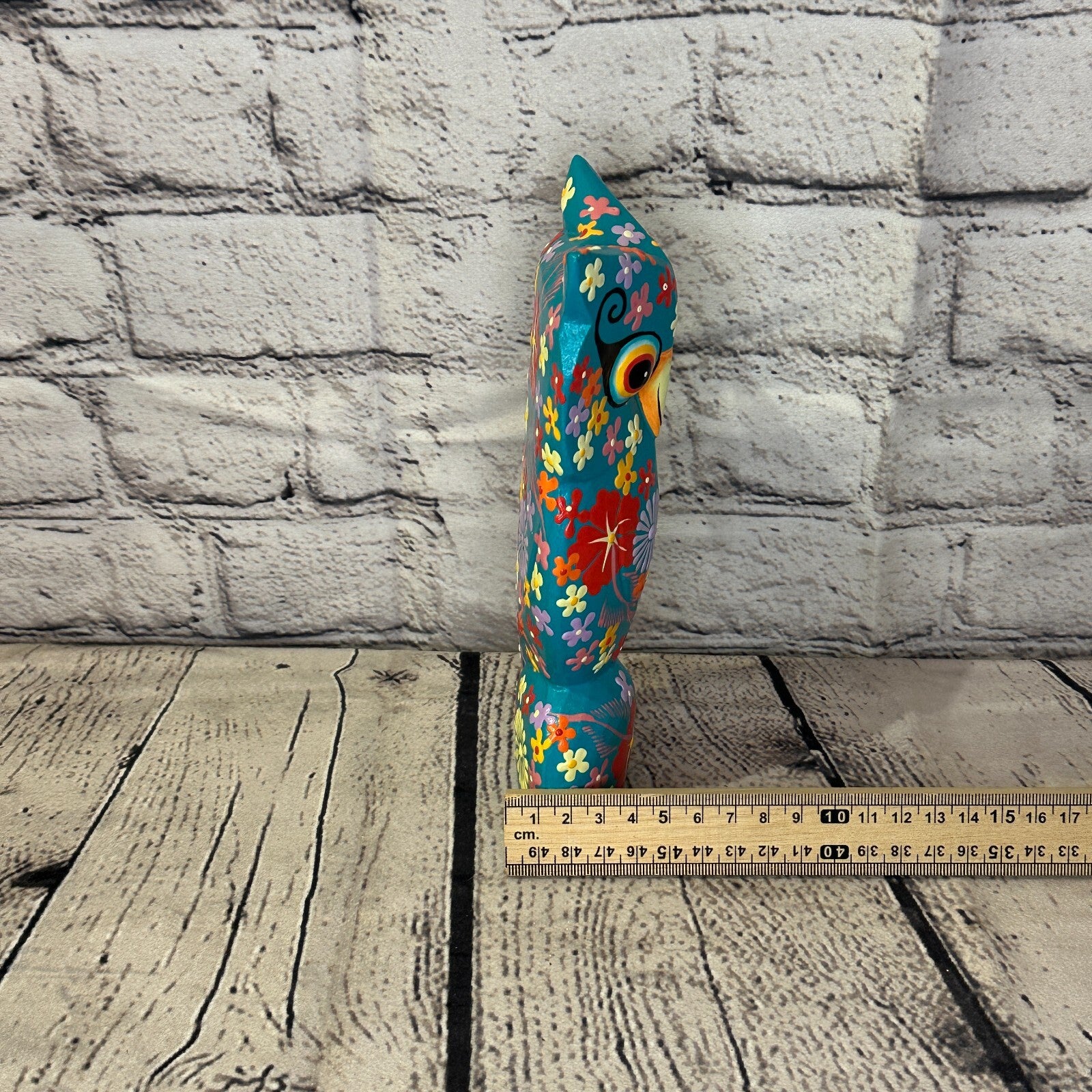 Blue Large Wooden Owl With Flower Pattern 20cm x 8cm Handmade and Fairtrade7