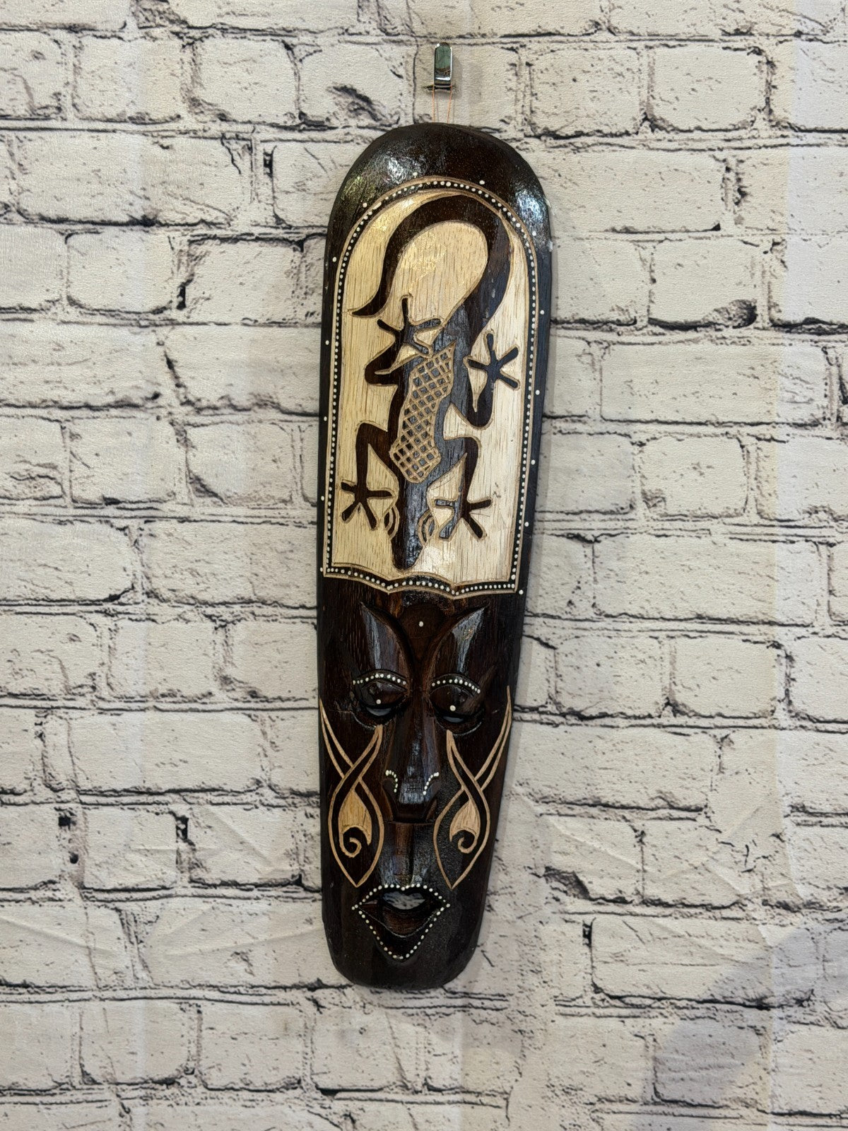 50cm Gecko Mask Carved Wooden Brown Work Painted Ethnic Tribal Tiki Wall Art2