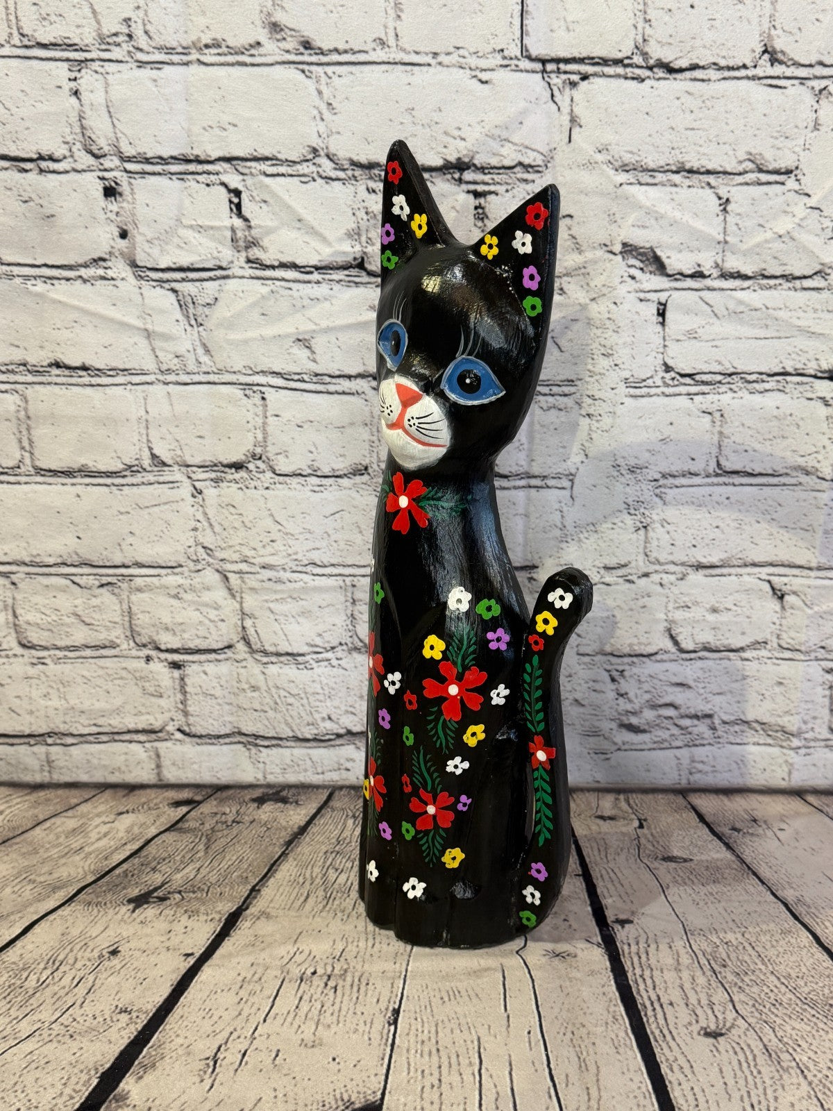 40cm Black Mix Flower Wooden Shabby Cat Statue Ornament Fair Trade Handcarved1