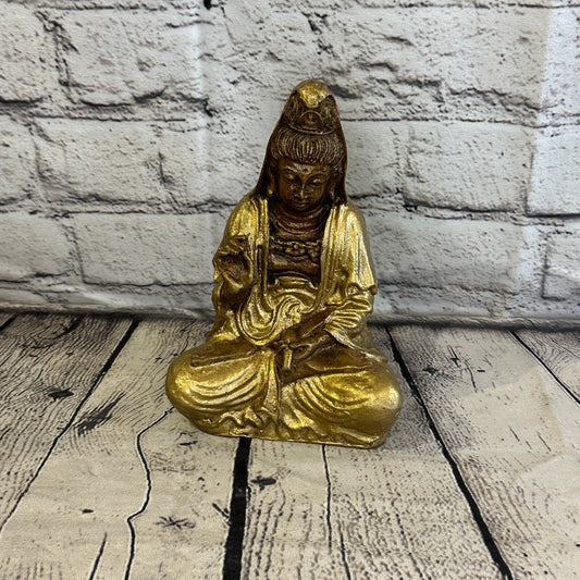 Gold & Bronze 18cm x 10cm Small Quan Yin Sitting Lotus Statue Resin Hindu God0
