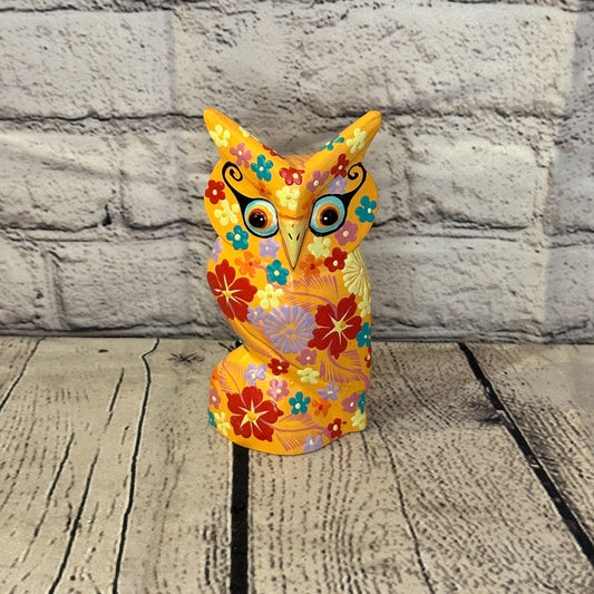 Orange Small Wooden Owl With Flower Pattern 12cm x 8cm Handmade and Fairtrade0