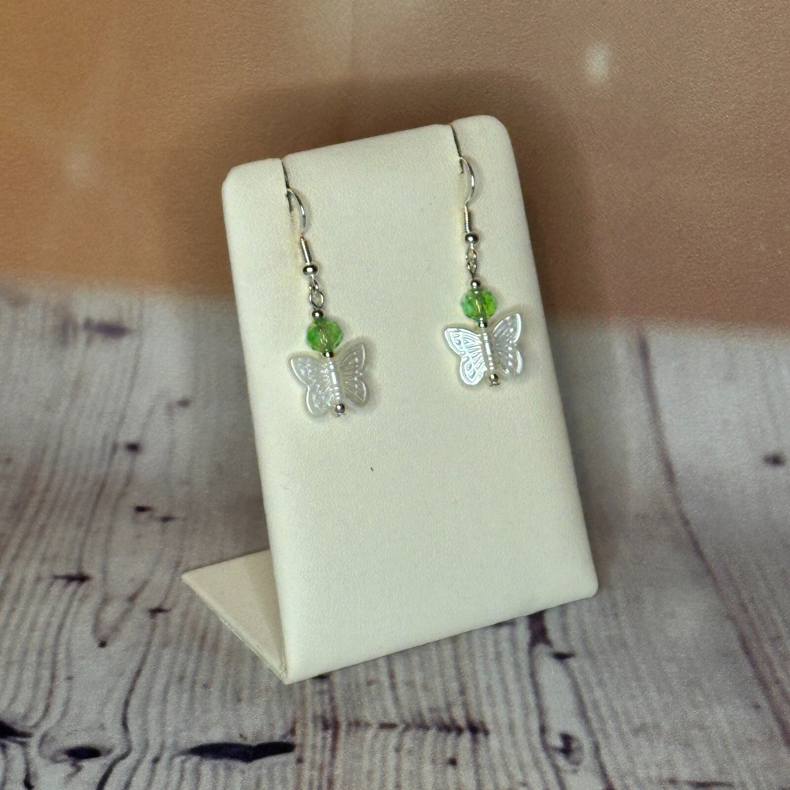 L Green Crystal And White Butterfly Dangle Drop Earrings Handmade UK Jewellery2