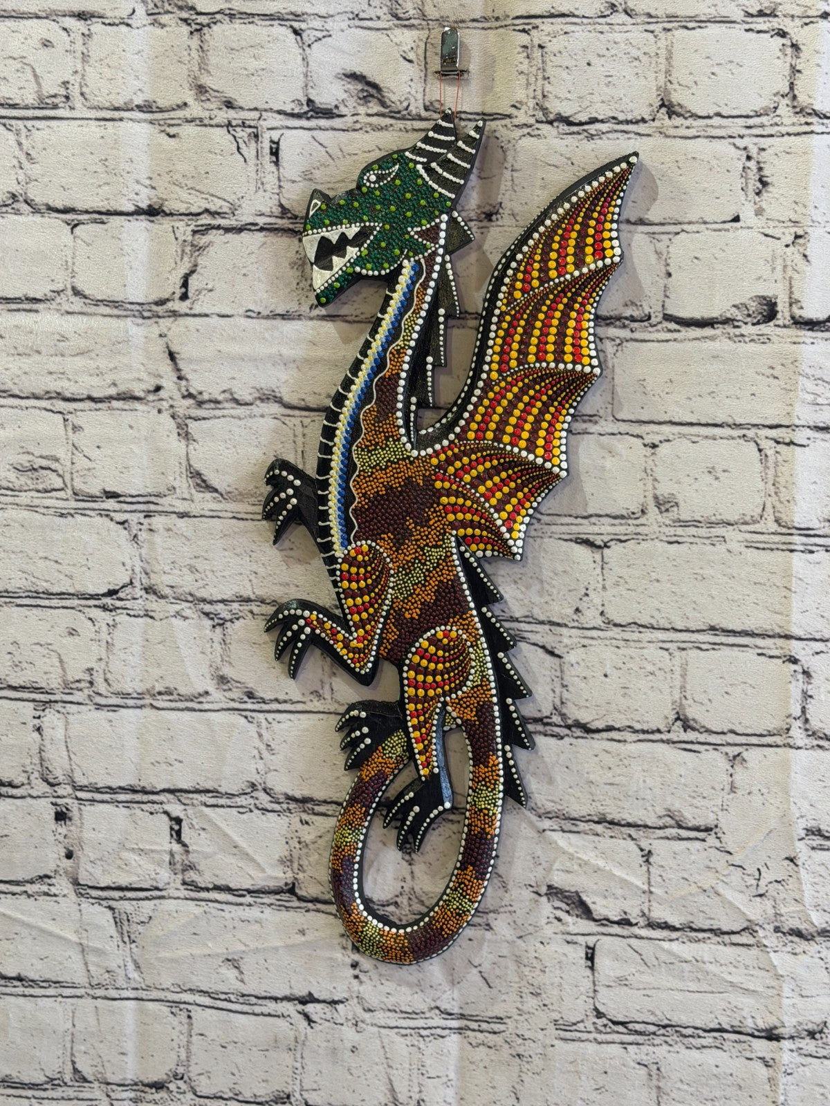 45cm Dragon Carved Wooden Dot Painted Ethnic Tribal Tiki Wall Art No 42
