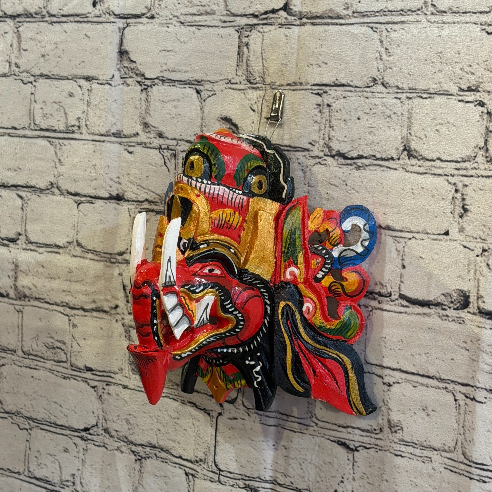 25cm Ganash Ganesha Red Elephant Hindu Deity Wooden Hand Carved Mask Painted1