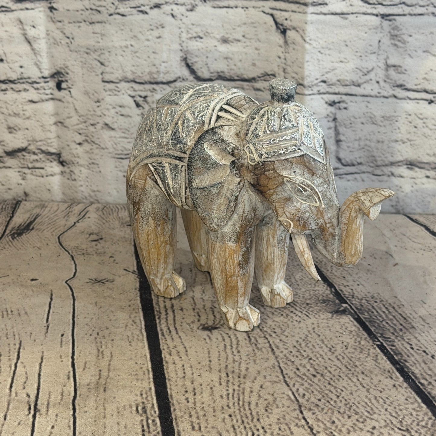 15cm x 15cm Brown Silver Wooden Standing Elephant Hand Carved & Painted2