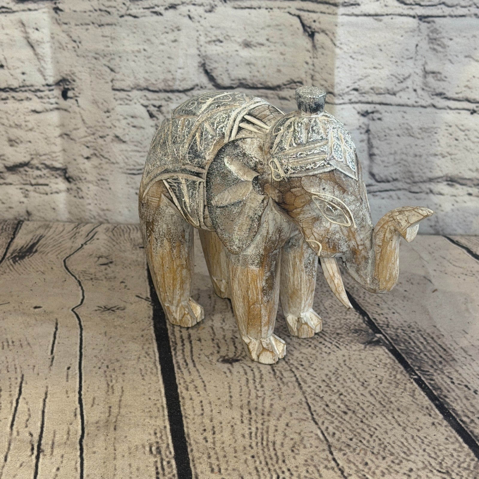 15cm x 15cm Brown Silver Wooden Standing Elephant Hand Carved & Painted2