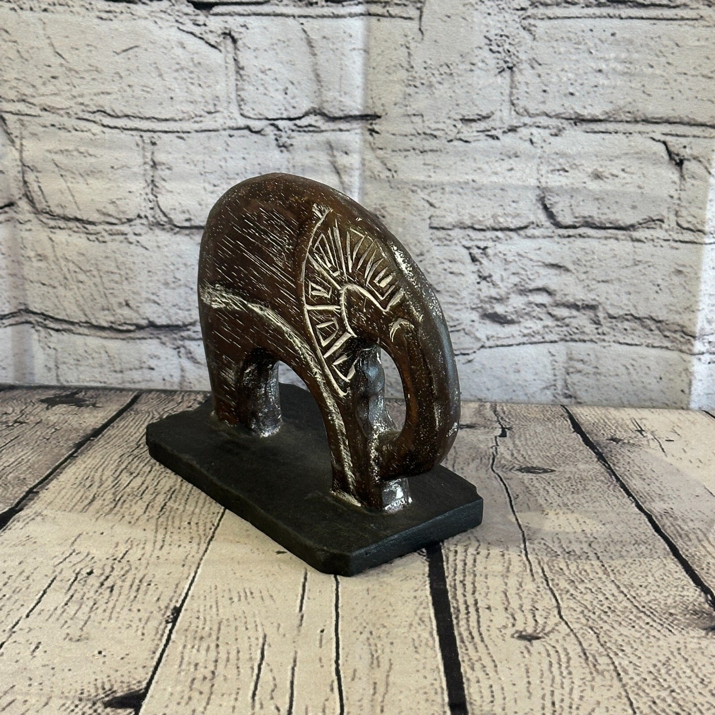 15cm x 15cm Wooden Tribal Primitive Black Elephant Round Stand Sculpture Statue2