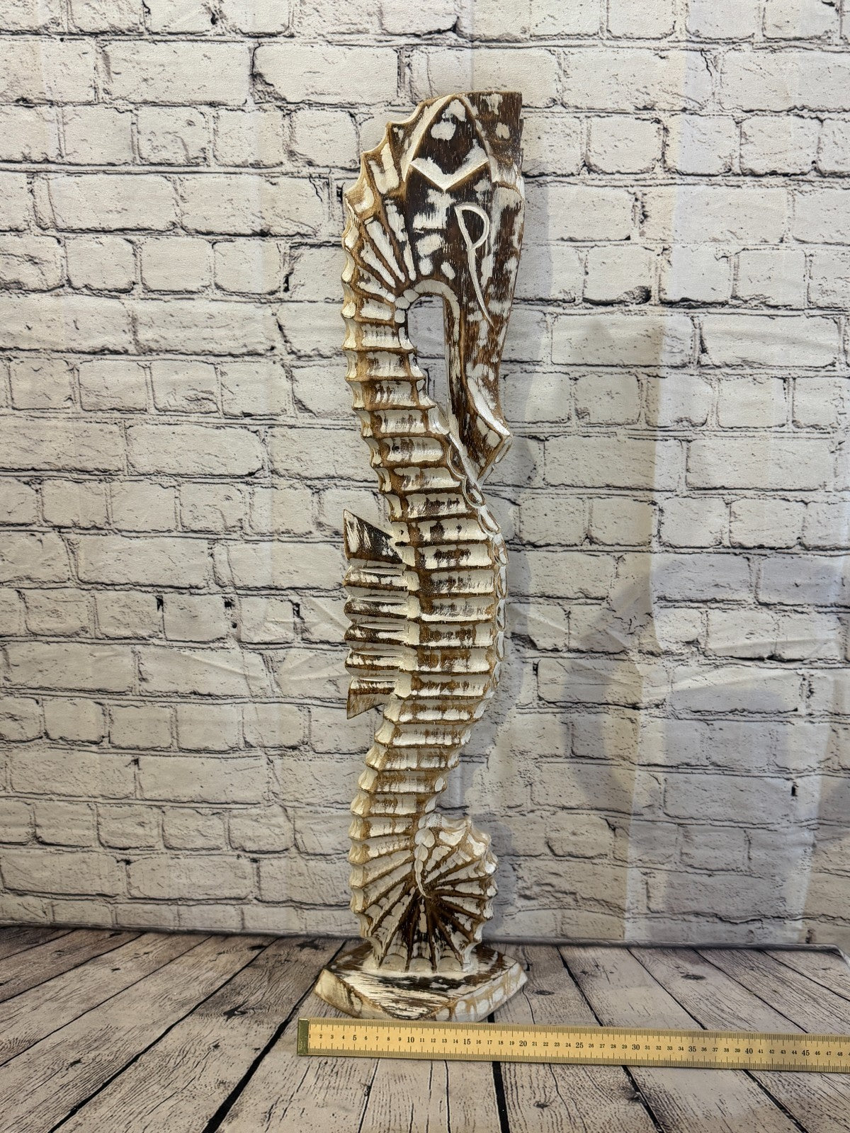 80cm Brown Wooden Shabby Seahorse Statue Ornament Fair Trade Handcarved6