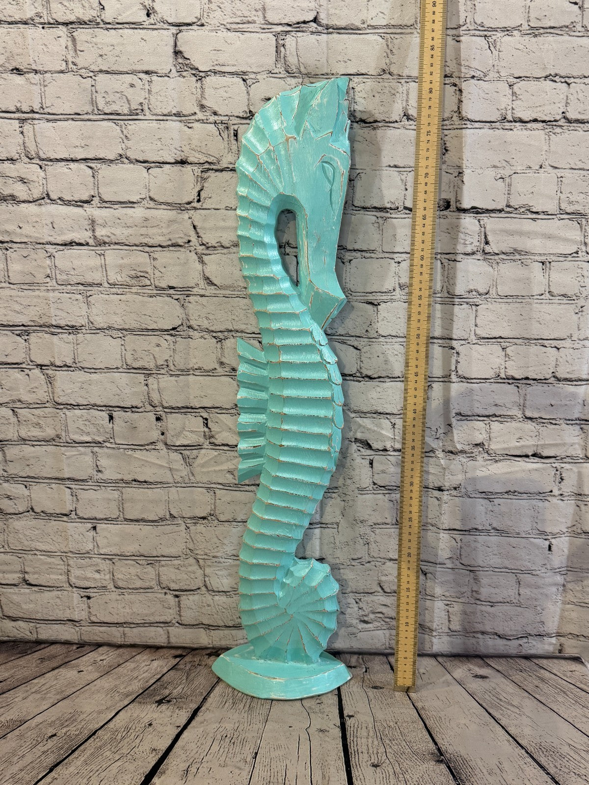 80cm Green Teal Wooden Shabby Seahorse Statue Ornament Fair Trade Handcarved5