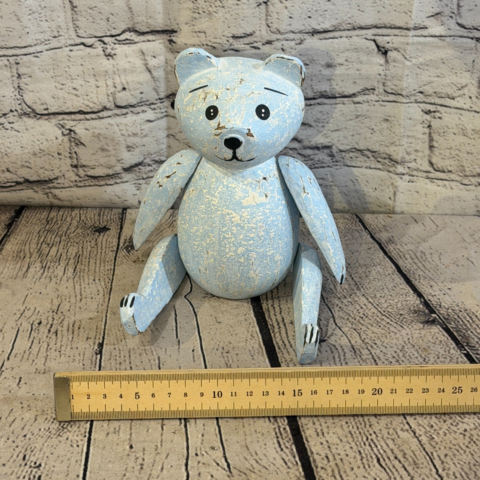 18cm Blue Teddy Bear Sitting Animal, Wooden Shelf Ornament Handmade & Fairtrade6