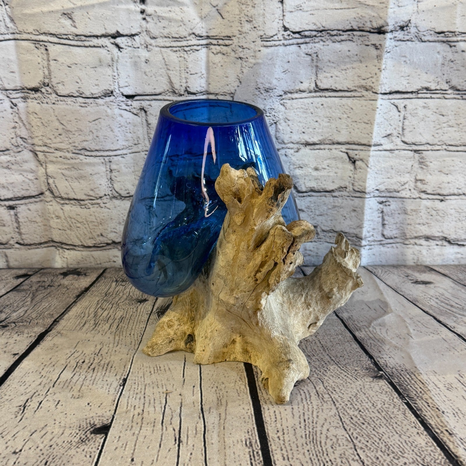 20cm Tall Blue Colour Melted Glass Wood Decorative Vase Glass Sculpture Crafted2