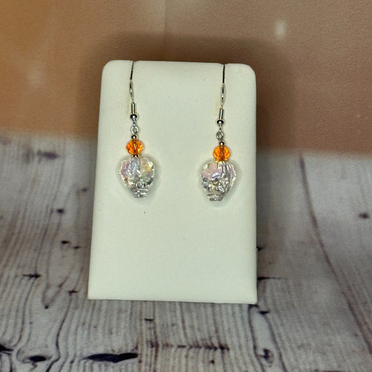 Orange Crystal And Skull Shaped Dangle Drop Earrings Handmade UK Jewellery0
