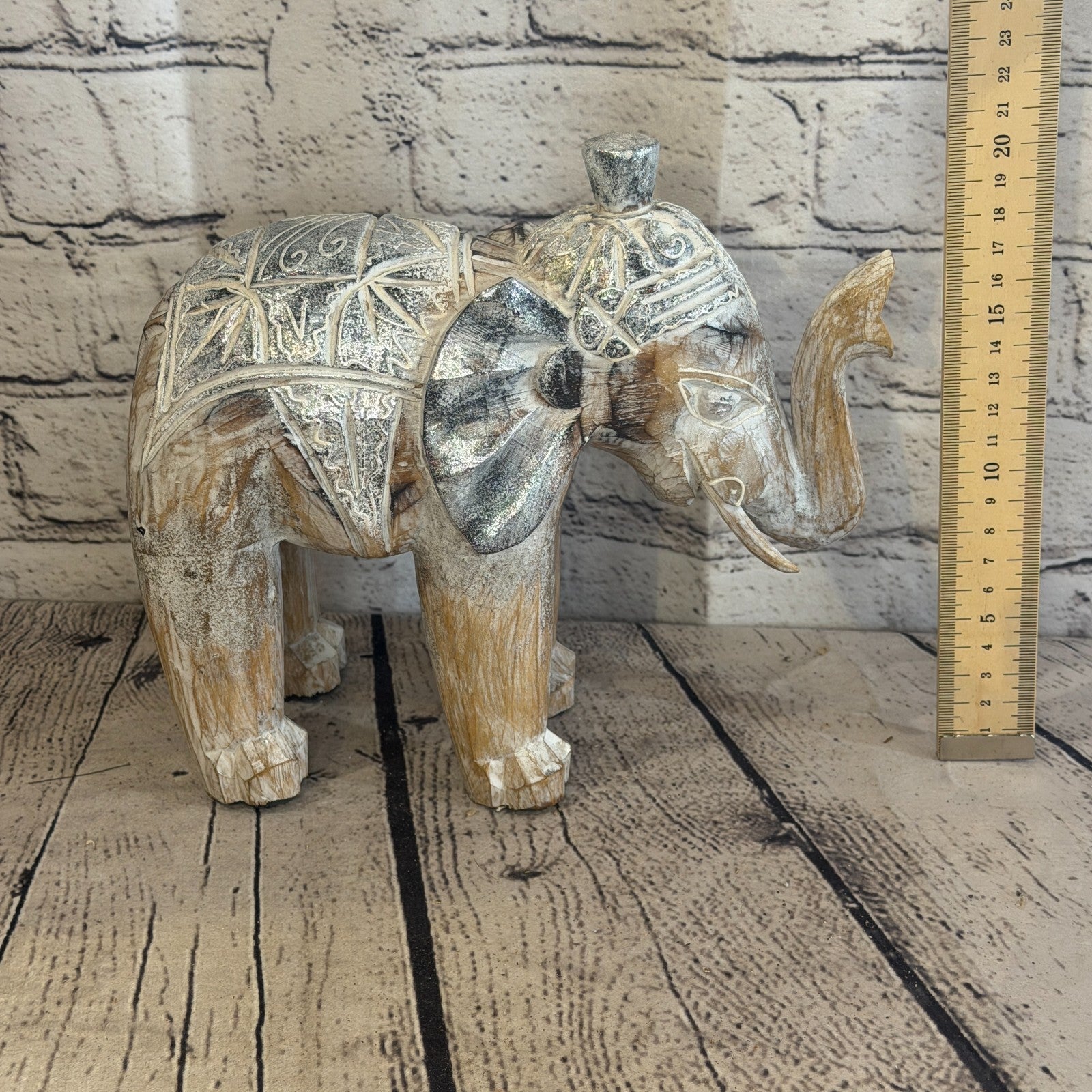 20cm x 20cm Brown Silver Wooden Standing Elephant Hand Carved & Painted6
