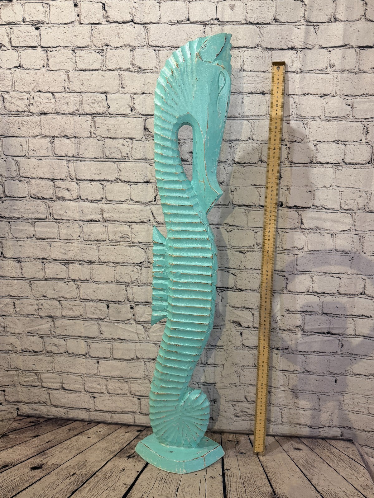 100cm Green Teal Wooden Shabby Seahorse Statue Ornament Fair Trade Handcarved5