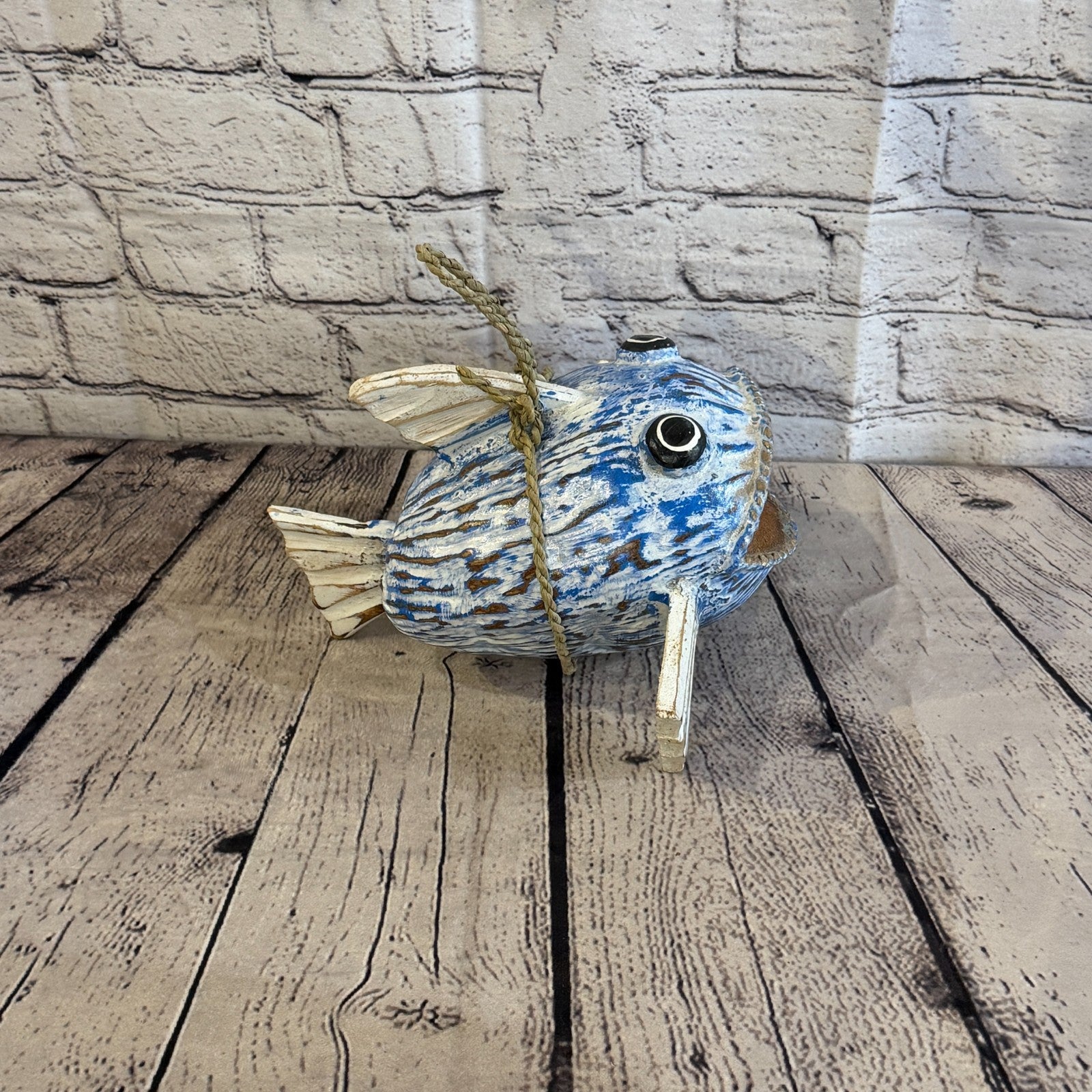Green Blue Fins Folk Art Painted Shark Fish Coconut Shell Ornaments Hanging3