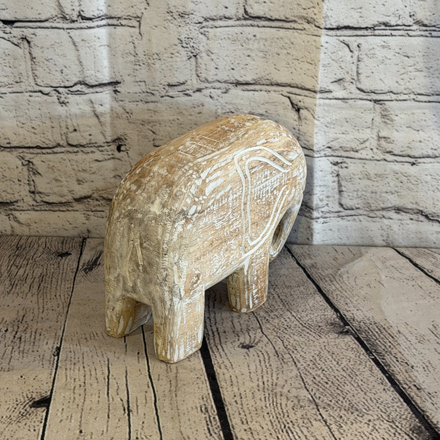15cm x 20cm White Wood Wooden Standing Elephant Hand Carved Painted Statue4