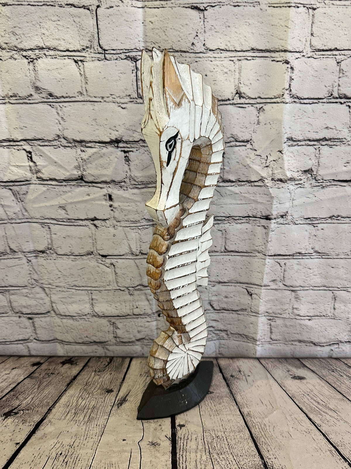 50cm White Brown Wooden Shabby Seahorse Statue Ornament Fair Trade Handcarved0