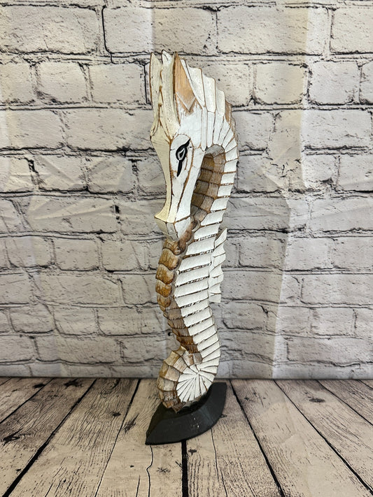 50cm White Brown Wooden Shabby Seahorse Statue Ornament Fair Trade Handcarved0