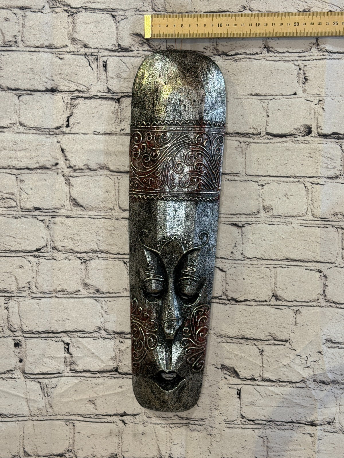 50cm Silver Painted Mask Carved Wooden Brown Work Ethnic Tribal Tiki Wall Art3