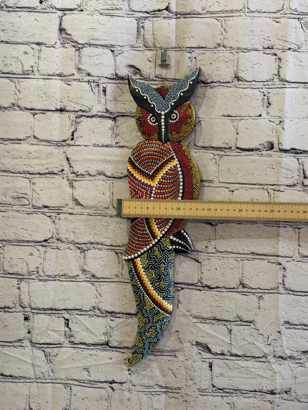 45cm Owl Bird Carved Wooden Dot Painted Ethnic Tribal Tiki Wall Art No 23