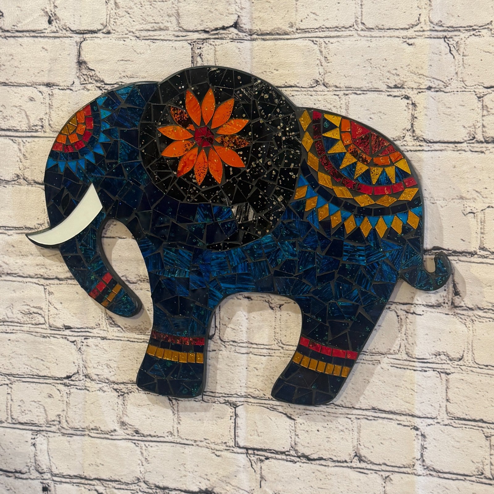 Dark Blue Elephant Mosaic Tile Wall Mirror 40cm x 40cm 16 Inches Handmade0