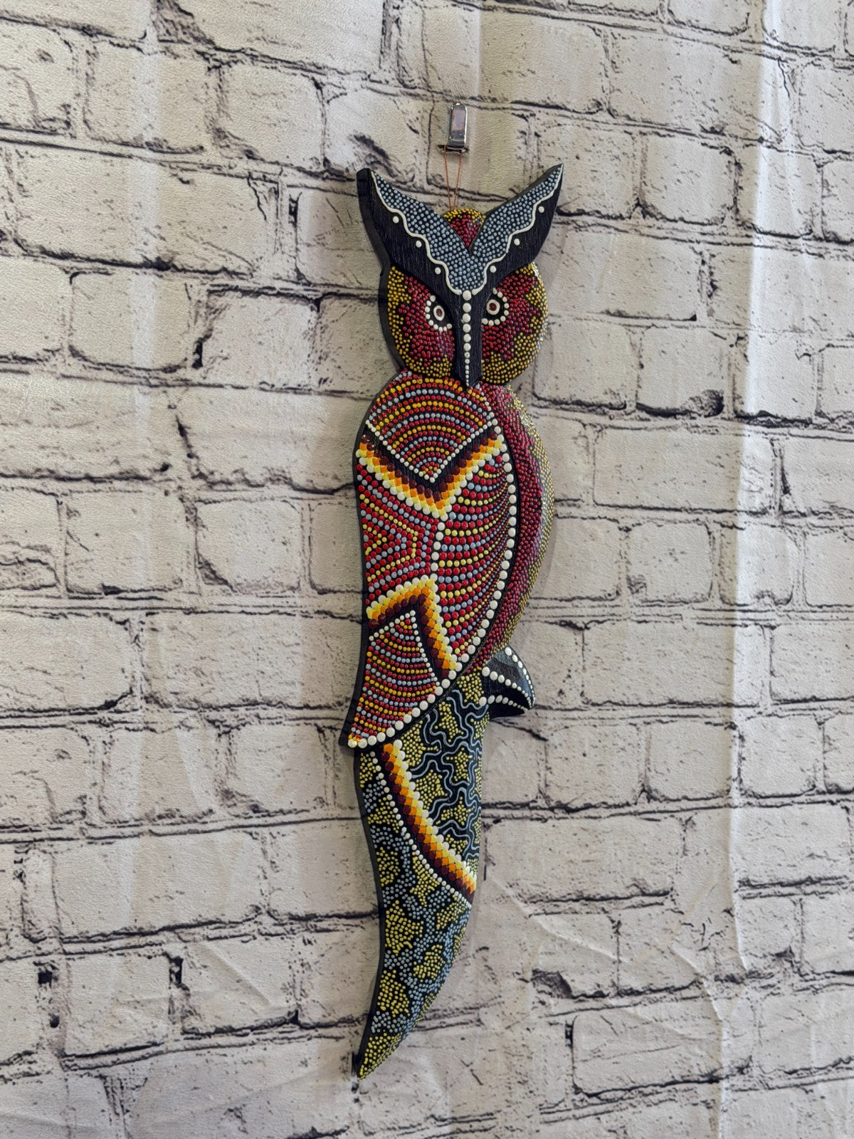 45cm Owl Bird Carved Wooden Dot Painted Ethnic Tribal Tiki Wall Art No 20