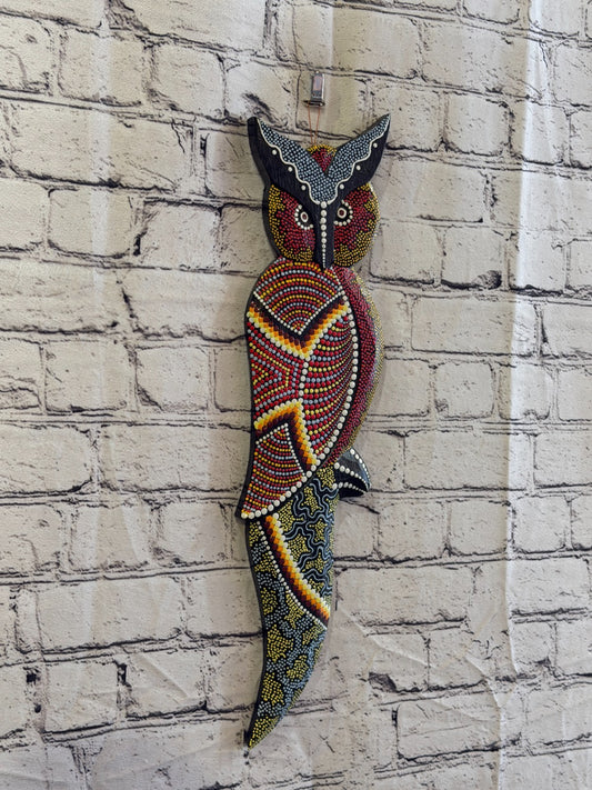 45cm Owl Bird Carved Wooden Dot Painted Ethnic Tribal Tiki Wall Art No 20