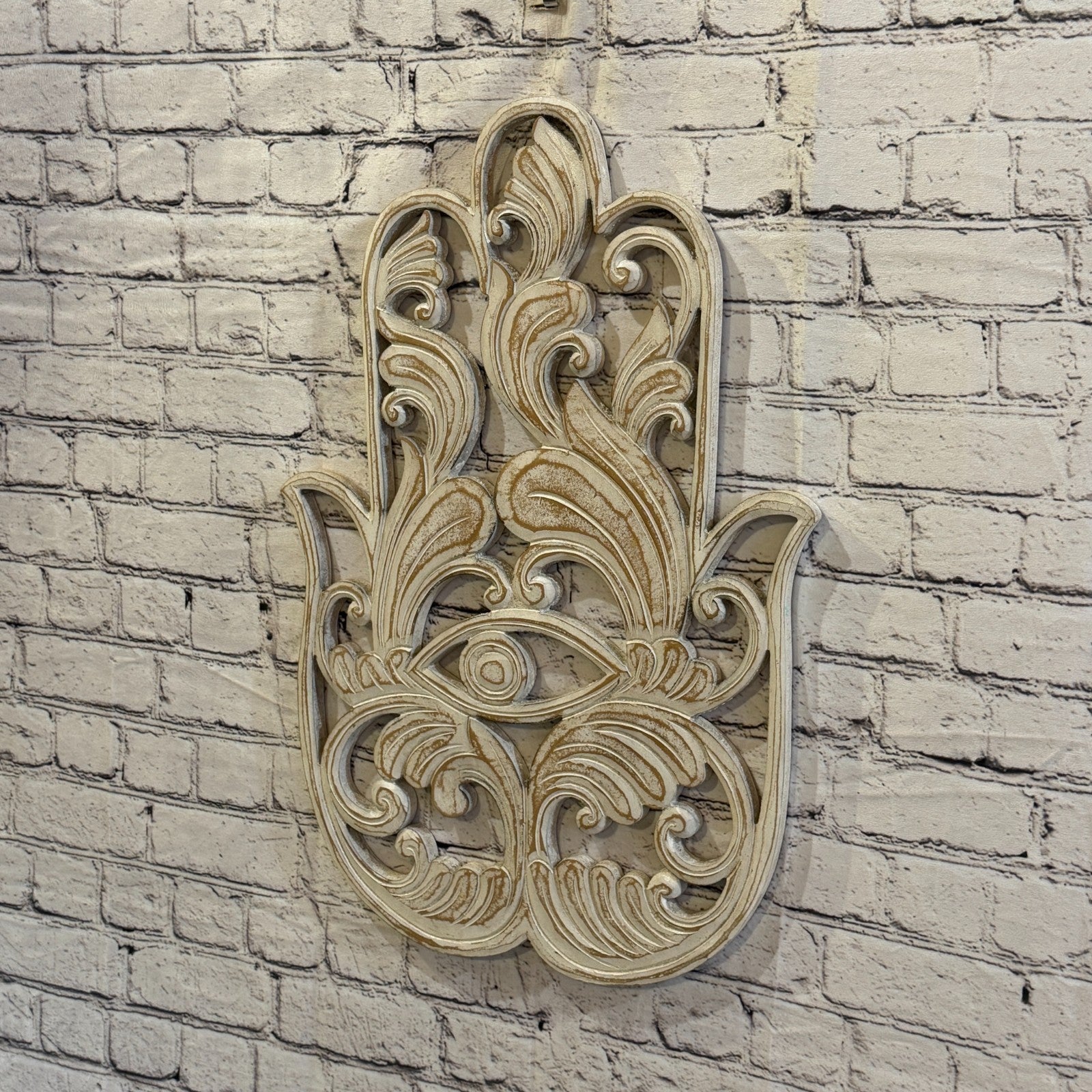 60cm x 40cm Hand Of Fatima White Wooden Wood Panel Wall Art Plaque Handcarved1