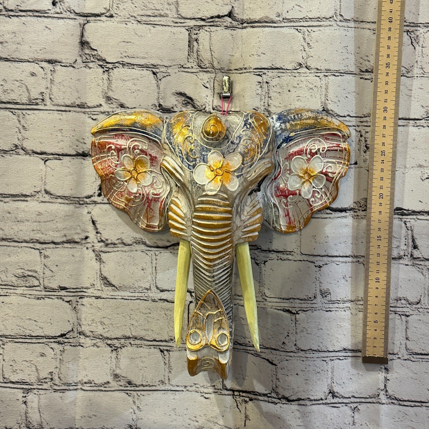 30cm x 30cm Pink Flower Painted Wood Elephant Head Wall Mounted Art Shabby4