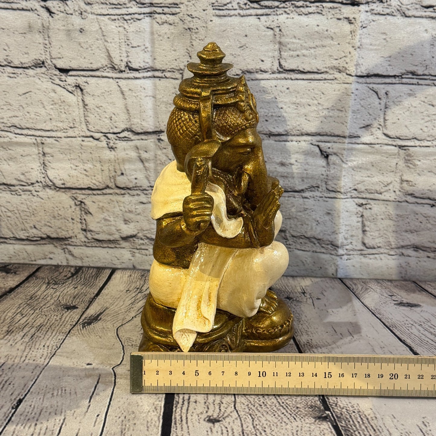 Cream & Bronze 25cm Large Ganesh Ganesa Sitting On Lotus Statue Resin Hindu7