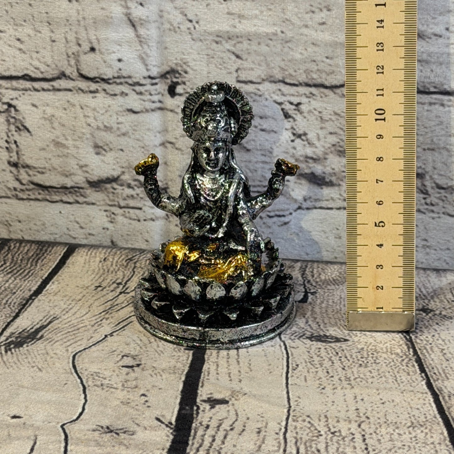Silver And Gold 12cm x 8cm Small Lakshmi Sitting Lotus Statue Resin Hindu God5